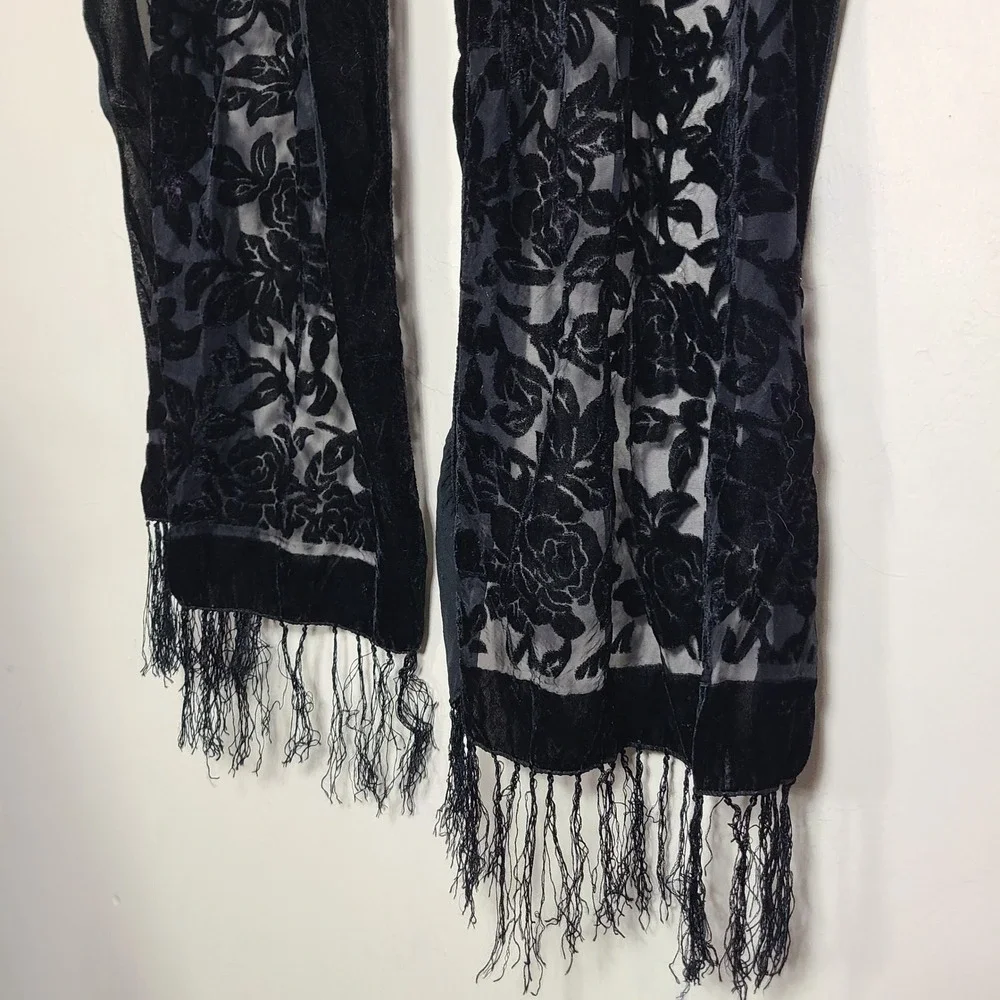 Black‎ Floral Velvet Burnout Scarf Fringe Winter Whimsigoth Fairy Grunge Goth
